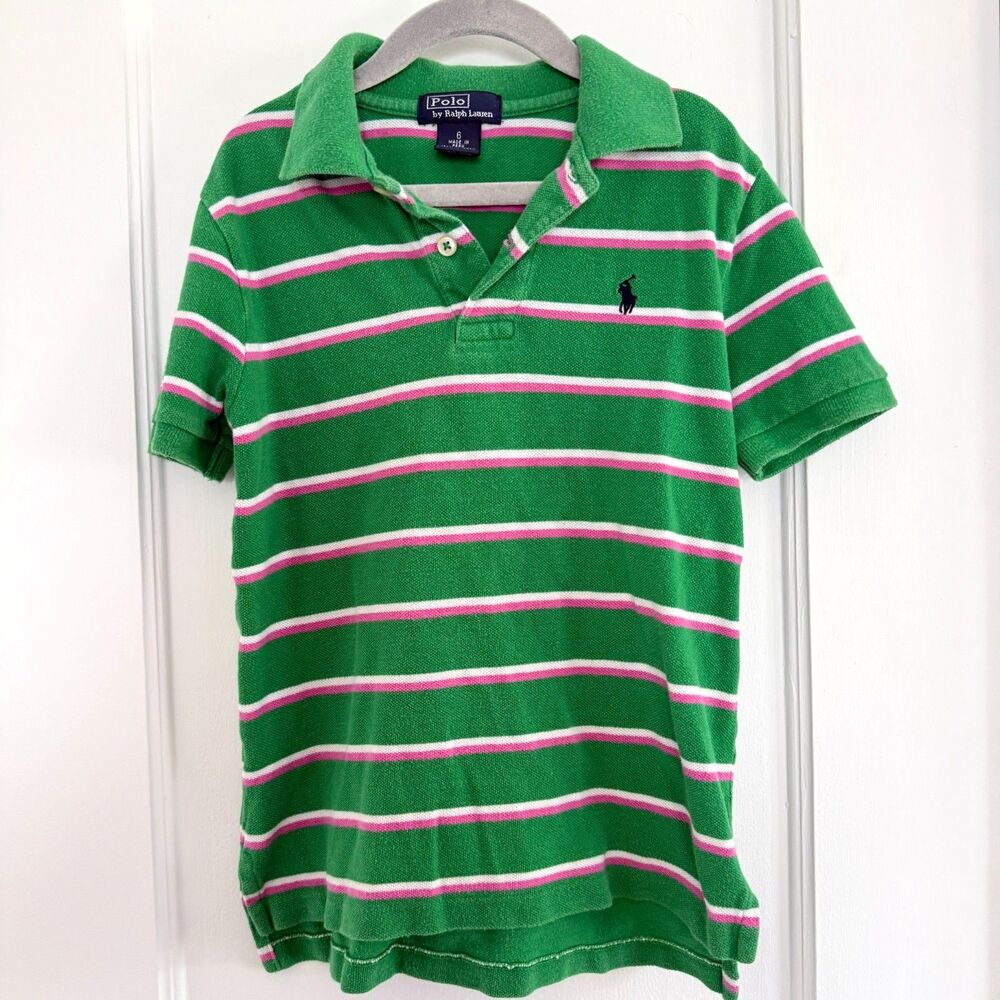 Polo Ralph Lauren Polo Shirt Green/Pink/White Stripes 100% Cotton Sz 6